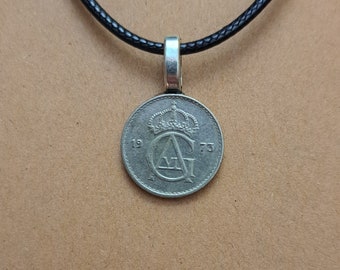 Swedish Crown Necklace Made with Genuine Foreign Coin From Sweden, Queen King Royalty Nordic Coin Jewelry Gift For Family "A" "G" Swede