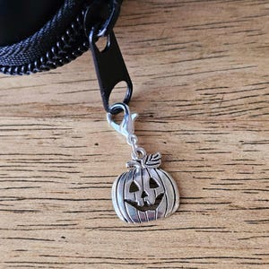May include: A silver-toned metal pumpkin charm with a carved jack-o'-lantern face, attached to a black zip pull by a small lobster claw clasp. The charm features cut-out eyes, a nose, and a wide, grinning mouth with vertical ridges.