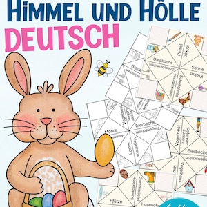 以下が含まれることがあります： 「Himmel und Hölle Deutsch」という文字と、卵の入ったバスケットを持った漫画のウサギが描かれた、カラフルなイースターをテーマにした印刷可能なゲーム。このゲームは、折りたたんで遊べるアクティビティで、イースターに関連するさまざまな単語や画像が描かれています。