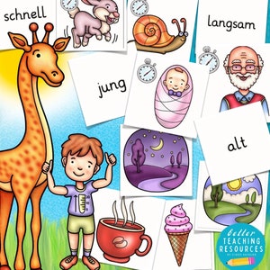 Könnte beinhalten: Ein Satz bunter Lernkarten mit Illustrationen und deutschen Wörtern für Gegensätze. Die Wörter beinhalten schnell, langsam, jung, alt.