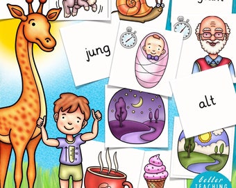 Op de afbeelding: Een set kleurrijke flashcards met illustraties en Duitse woorden voor tegenstellingen. De woorden omvatten schnell (snel), langsam (langzaam), jung (jong), alt (oud).