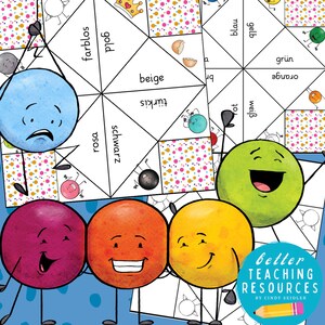 Puede incluir: Un juego de coincidencia de colores imprimible para niños. El juego presenta un adivino colorido con diferentes colores y las palabras alemanas para cada color. El juego también incluye un conjunto de círculos coloridos con caras.