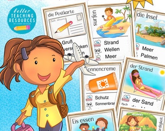 Op de afbeelding: Een cartoonillustratie van een meisje dat een speelgoedvliegtuig vasthoudt, met een helderblauwe achtergrond. De afbeelding bevat verschillende kaarten met illustraties en tekst in het Duits, zoals "die Postkarte", "surfen", "die Insel", "Strand", "Wellen", "Meer", "Palmen", "Sonnencreme", "der Strand", "der Sand", "Eis essen", "lecker", "süß", "kalt", "Besucher", "berühmt", "bekannt" en "Sehenswürdigkeit".