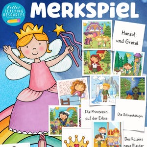 Może przedstawiać: Kolorowa gra edukacyjna zatytułowana "Märchen Merkspeil" z ilustracjami postaci z bajek. Obraz zawiera wróżkę, karty z opowieściami z tytułami takimi jak "Jaś i Małgosia" i "Królowa Śniegu" oraz tekst "Better Teaching Resources".