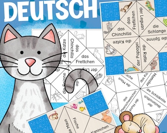 Op de afbeelding: Een printbare leeractiviteit voor kinderen om de Duitse taal te leren. De activiteit is een spel genaamd "Hemel en Hel" waarbij kinderen de namen van verschillende dieren in het Duits leren. Het spel wordt gespeeld door een vel papier tot een kubus te vouwen en vervolgens te openen om een ​​ander dier op elke zijde te onthullen. De dieren omvatten een ​​kat, een hamster, een slang, een papegaai, een muis, een schildpad, een vis, een konijn, een cavia, een hagedis, een chinchilla, een fret en een kanarie.