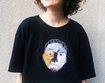 Custom big portrait t-shirt| Personalised portrait people face from photo| Custom people face application of recycling fabrics and threads