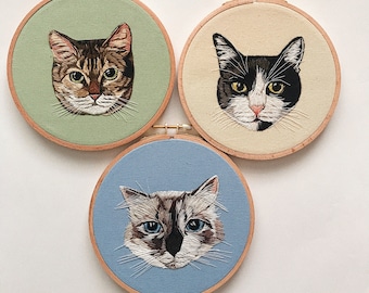 Custom pet portrait embroidered hoop from photo| Personalized cat and dog portrait in frame| Family ornament with pets home decor