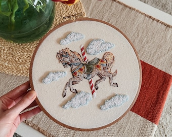 Carousel embroidery Baby decor Embroidery Hoop| Personalized Girls and Boy Kids Decor| First mom gift| Gender party gift| Beige Baby decor