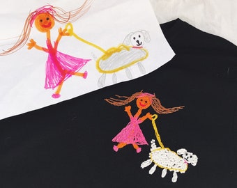 Broderie d'illustrations pour enfants sur t-shirt | Chemise artistique personnalisée pour enfants | T-shirt personnalisé pour maman papa et grand-mère avec un enfant qui dessine