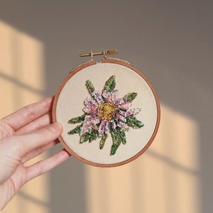 Flower wall decor| Pink beads embroidery hoop art| Floral embroidery room decor| Pink Violet Green flower crystal beads home decor panel