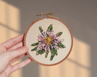 Flower wall decor| Pink beads embroidery hoop art| Floral embroidery room decor| Pink Violet Green flower crystal beads home decor panel