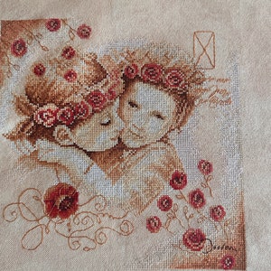 Baby flowers embroidery room decor without frame Red beige flower cross stitch home decor Lanarte anemone embroidery twins baby room decor imagem 6