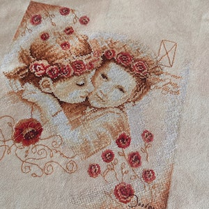 Baby flowers embroidery room decor without frame Red beige flower cross stitch home decor Lanarte anemone embroidery twins baby room decor imagem 4