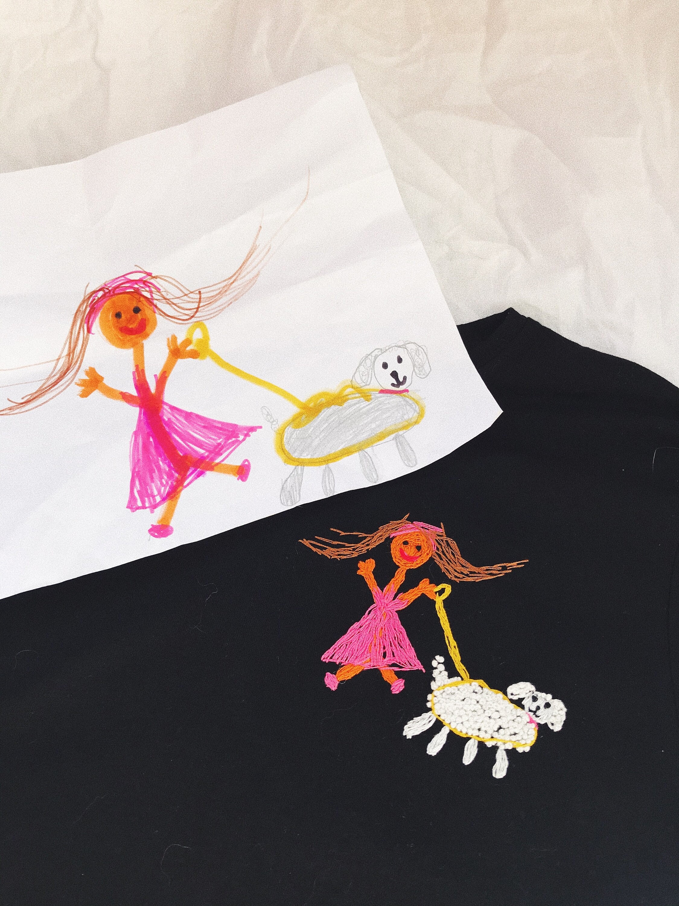 Embroidery children's illustrations on t-shirt| Personalized children's art shirt| Custom shirt for Mom Dad GrandMom with child drawing art