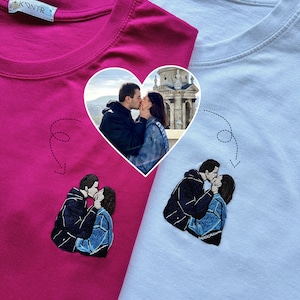 Custom Embroidered Couple Portrait T-Shirt: Personalized Photo Gift