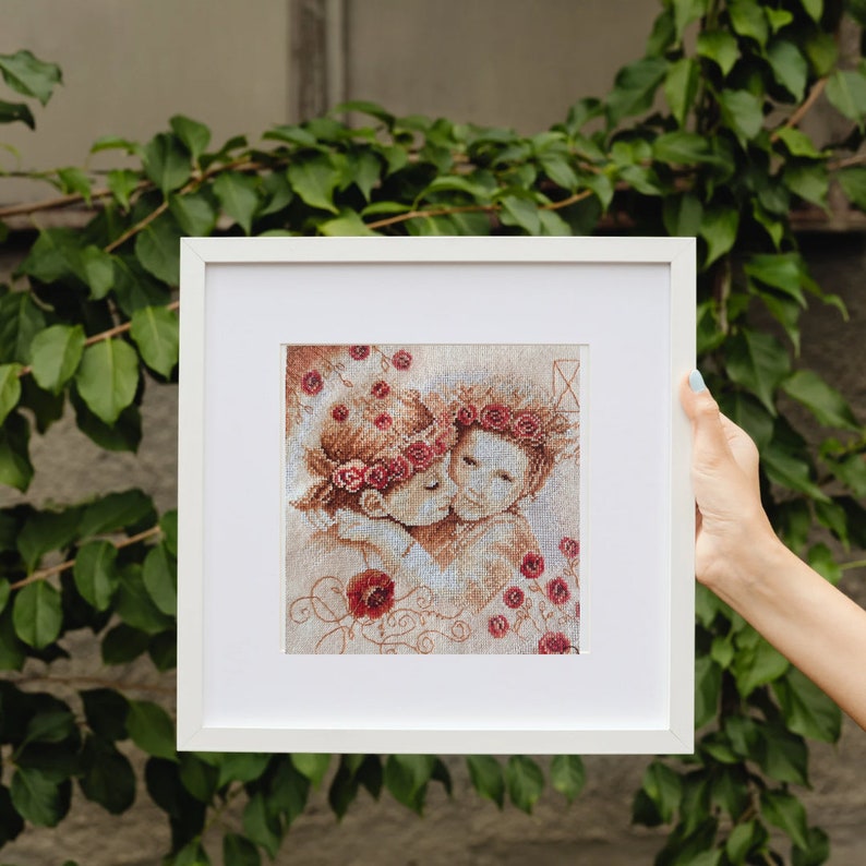 Baby flowers embroidery room decor without frame Red beige flower cross stitch home decor Lanarte anemone embroidery twins baby room decor imagem 7