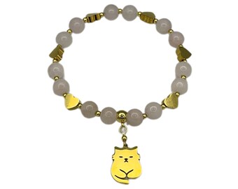 Pulsera de cuarzo rosa con dije de gato