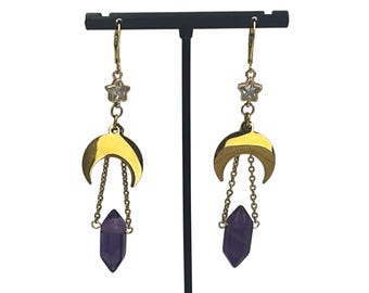 Pendientes Luna y Estrellas con piedra Amatista u Ónix