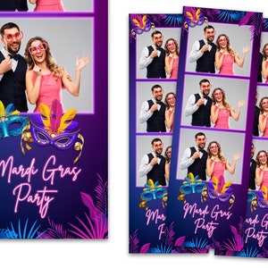 Op de afbeelding: Een set van vier Mardi Gras fotostripjes met een paarse, blauwe en roze verloopachtergrond. Elke strip heeft vier fotokaders met een neonroze rand. De strips bevatten een Mardi Gras maskersontwerp met veren en de tekst "Mardi Gras Party".