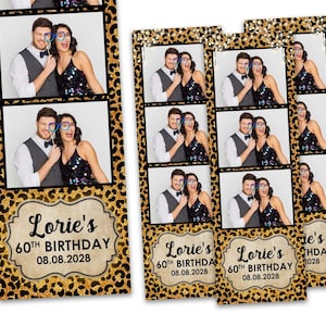May include: Photo booth strips with a leopard print border and the text "Lorie's 60th Birthday 08.08.2028". Each strip features multiple photos of a couple posing with props. The background is white.