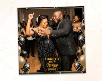 360 Black and Gold Birthday 50th 60th 65th 70th 80th Overlay for Touchpix 1072x1072 Elegant Balloons Party Template