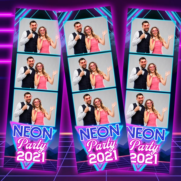 NEON Lights Colorful Retro Photo Booth Template 2x6 Strips for Homecoming, HOCO, Birthday Party