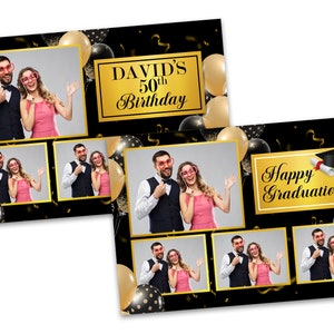 Schwarz und Gold Ballons Graduierung oder 50. 60. 65. Geburtstag Photo Booth Vorlage 4x6 Postkarte