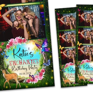 May include: A photo booth backdrop with a green and brown forest scene. The backdrop features a deer, butterflies, flowers, and the text "Katie's Enchanted Birthday Party 08.08.2023".