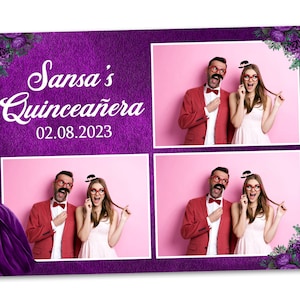 Plantilla de tarjeta postal de cabina de fotos Purple Quinceañera 4x6 también perfecta para cumpleaños número 18, dulce 16, cumpleaños 14 y Bat Mitzvah
