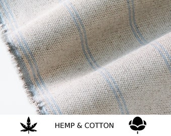 Oatmeal Hemp Cotton Fabric – Blue Stripe Upholstery, Farmhouse Decor