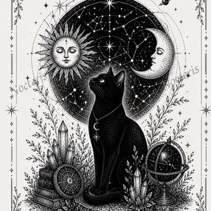 Peut inclure: Illustration en noir et blanc d'un chat noir regardant vers le haut, orné d'un pendentif croissant de lune. L'œuvre comprend des éléments célestes comme le soleil, la lune, des étoiles et un globe, avec le mot "Nocteris" en bas.