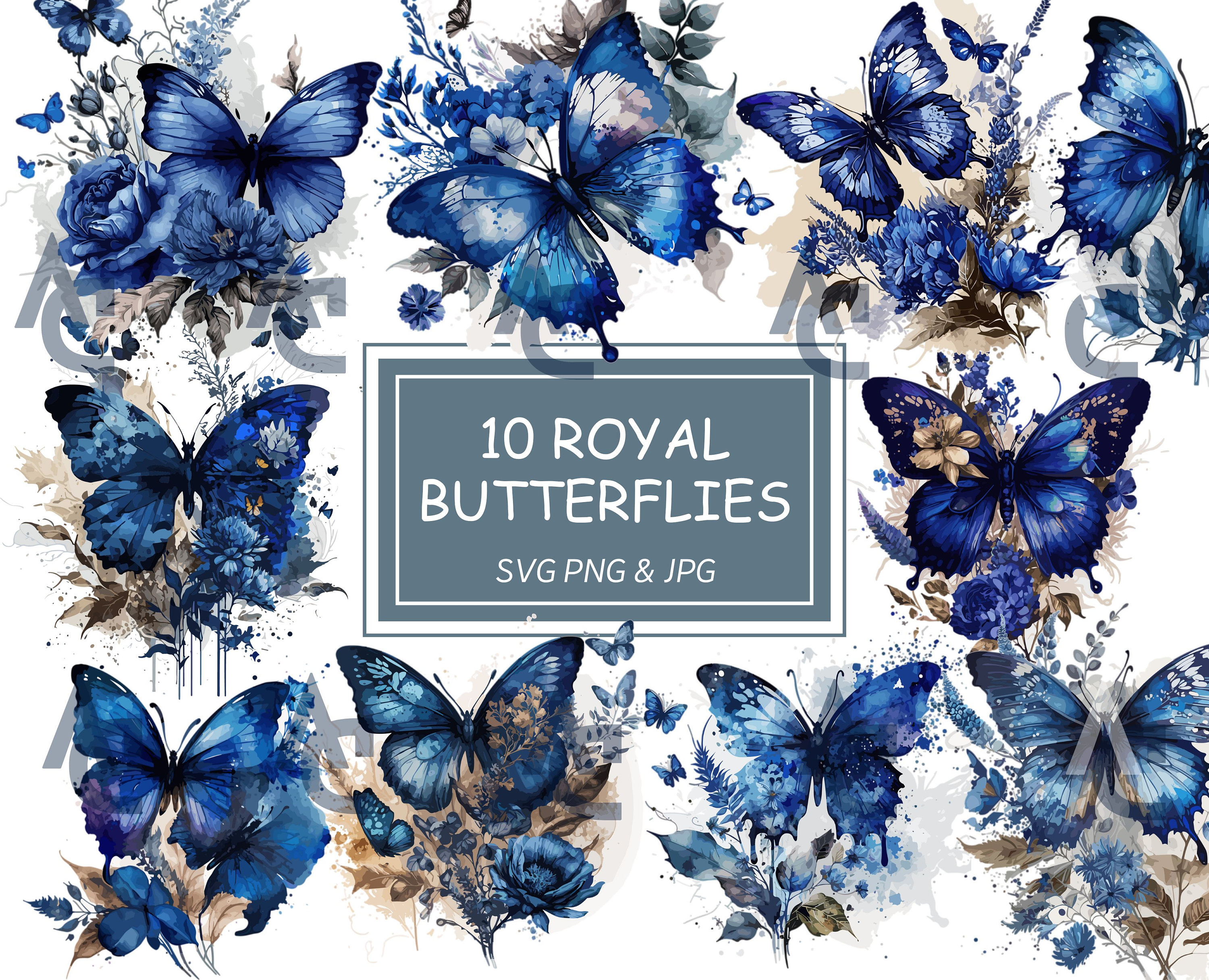 Watercolor Royal Blue Butterfly Floral Clipart Butterflies Etsy