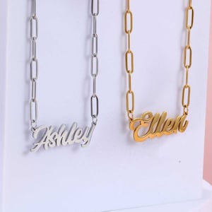 Personalized Gold Nameplate Necklace on Paperclip Chain - Custom Engraved Name Jewelry - Unique Gift for Wife, Girlfriend, Mom