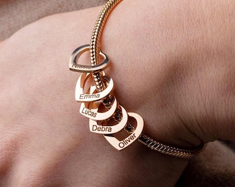 Personalized Mom Bracelet with Kids Names - Engraved Heart Charm Bangle - Birthday Gift for Mom - Custom Family Bracelet for Mother
