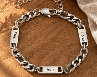Dad Bracelet with Kids Names, Personalized Silver Curb Chain, Engraved Stainless Steel Charms, Fathers Day Gift from Kids