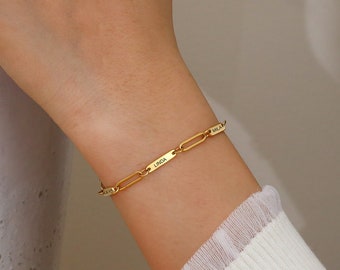 Personalized Paperclip Bracelet for Mom, Engraved Name Bracelet with Kids Names, Gold or Silver Chain, Birthday Gift for Her