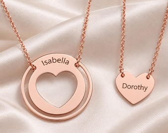 Mother Daughter Necklace Set of 2, Personalized Name Heart & Disc Pendants, Engraved Stainless Steel, Mothers Day Gift from Daughter