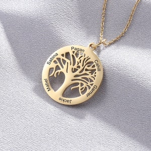Collar de árbol de la vida, collar familiar grabado con niños, nombres de nietos, joyas de árbol de la vida de plata y oro, regalo hecho a mano para mamá