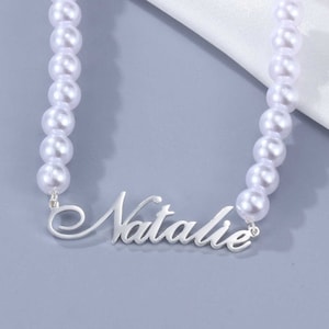 Pearl Name Necklace - Silver Pearl Necklace with Name - Gold Nameplate Necklace with Pearl - Script Name Necklace - Old English Pendant