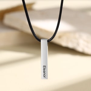 Collar personalizado para hombre con nombres grabados - Cordón de cuero negro, Colgante de plata, Regalo para papá, Esposo, Novio - Resistente al agua
