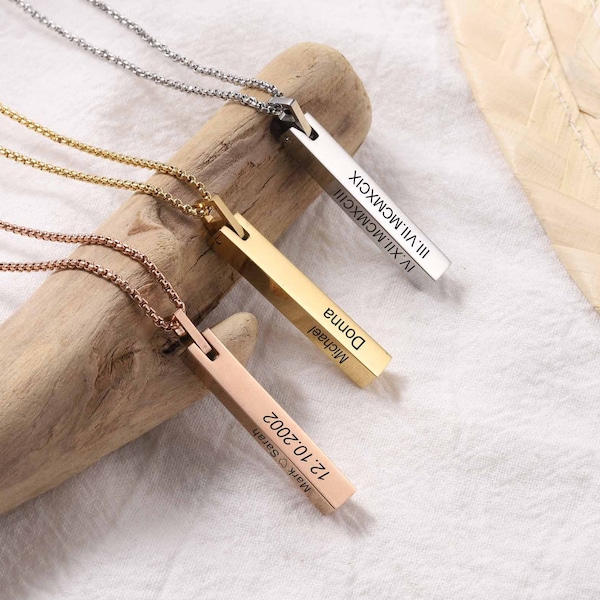 Engraved 3D Bar Necklace - Gift for Her - Mom, Grandma, Girlfriend - 4 Side Name Bar Pendant Personalized with Coordinate, Date, Kids Names