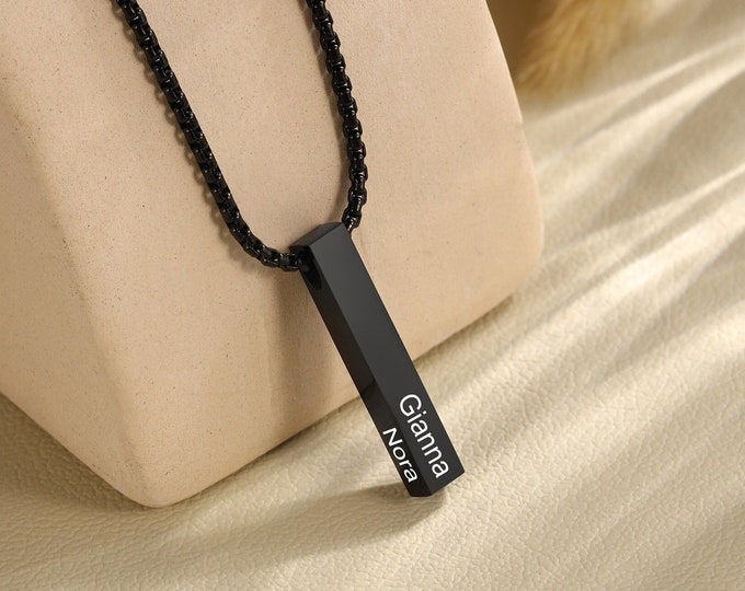Personalized Men's Name Necklace - Engraved Black Vertical Bar with Thick Curb Chain - Customizable Jewelry Gift for Father's Day, Birthday