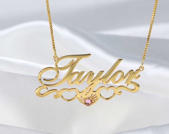 Birthstone Name Necklace - Custom Heart Name Pendant - Personalized Nameplate - Love Necklace for Women - Christmas Gift for Wife,Girlfriend