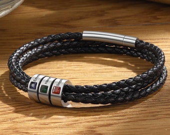 Dad Bracelet with Kids Names - Personalized Leather Bracelet for Dad - Fathers Day Gift - Birthstone Charm Bracelet for Men