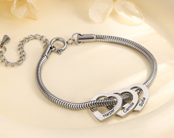 Personalized Mom Bracelet with Kids Names, Custom Heart Charm Bracelet, Engraved Name Jewelry, Mother's Day Gift for Mom Grandma