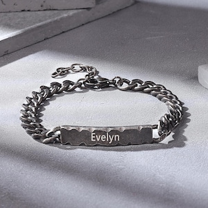 Pulsera de identificación: pulsera de barra, pulsera grabada para hombres, regalo para él, esposo, novio, papá, pulsera con nombre para hombres, pulsera negra