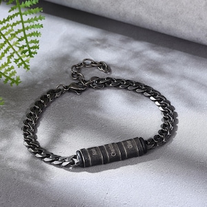Pulsera negra para hombre: pulsera grabada para hombre, pulsera de cadena negra para hombre, pulsera negra de acero inoxidable, pulseras negras para hombre