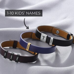 Pulsera personalizada para papá - Puño de cuero grabado personalizado con nombres, regalo ideal para el día del padre, cumpleaños, aniversarios - Negro/Marrón