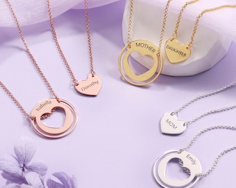 Mother Daughter Necklace Set, Personalized Matching Heart Pendants for Mom and Daughter, Custom Name Jewelry Gift