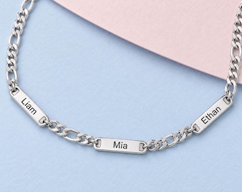 Personalized Mens Necklace with Names, Engraved Figaro Chain Name Pendant, Stainless Steel, Fathers Day Gift for Dad, Husband